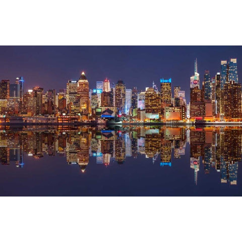 Illuminated Manhattan skyline at twilight - New York City Black Modern Wood Framed Art Print with Double Matting by Frank, Assaf