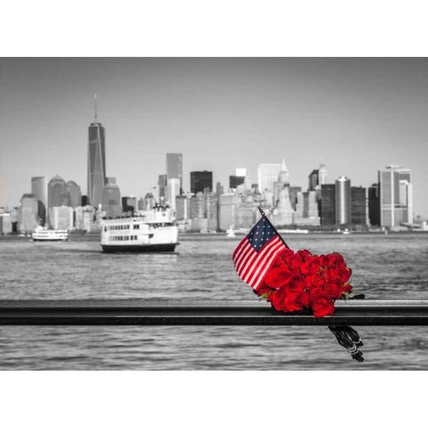 USA flag with bunch of roses on railing with Lower manhattan skyline in background, New York Gold Ornate Wood Framed Art Print with Double Matting by Frank, Assaf