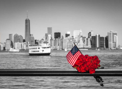 USA flag with bunch of roses on railing with Lower manhattan skyline in background, New York White Modern Wood Framed Art Print with Double Matting by Frank, Assaf