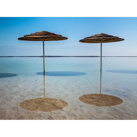 Bathing canopy on the beach on the Dead Sea, Israel Black Modern Wood Framed Art Print by Frank, Assaf