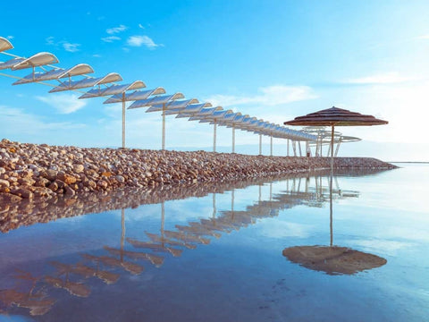 Parasol and jetty on Dead sea, Israel White Modern Wood Framed Art Print with Double Matting by Frank, Assaf