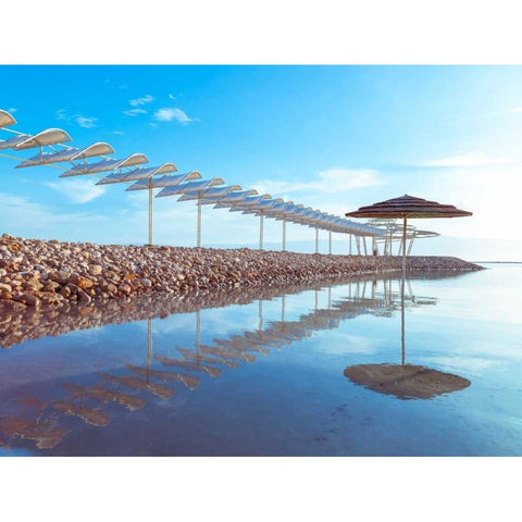 Parasol and jetty on Dead sea, Israel White Modern Wood Framed Art Print by Frank, Assaf