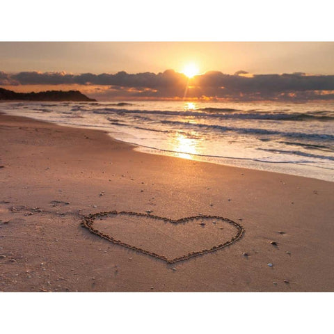 Heart shape drawn on sand at the beach White Modern Wood Framed Art Print by Frank, Assaf