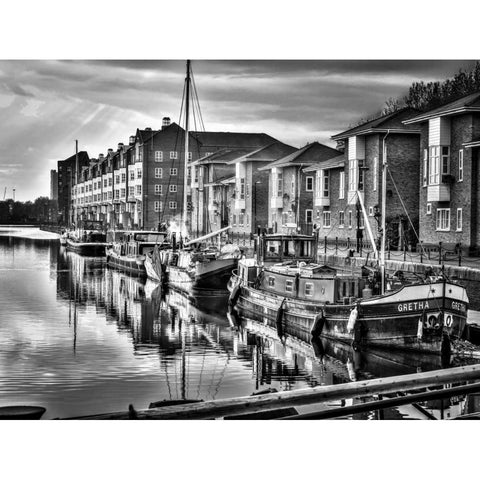 Boats moored at Greenland Dock, Surrey Quays White Modern Wood Framed Art Print by Frank, Assaf