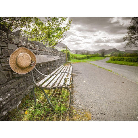 Bench with a hat on countryside road Black Modern Wood Framed Art Print with Double Matting by Frank, Assaf