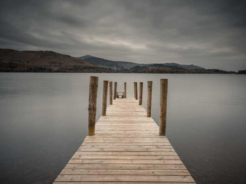 Jetty on tranquil lake White Modern Wood Framed Art Print with Double Matting by Frank, Assaf