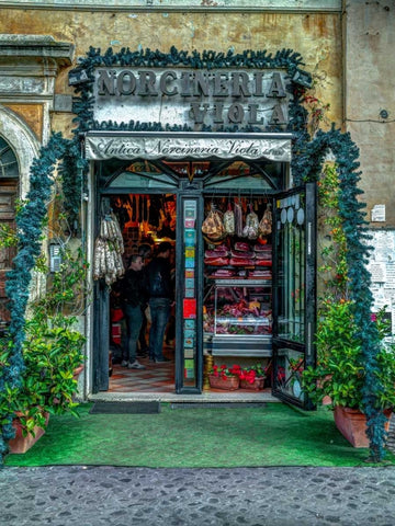 Butcher Shop in Rome, Italy Black Ornate Wood Framed Art Print with Double Matting by Frank, Assaf