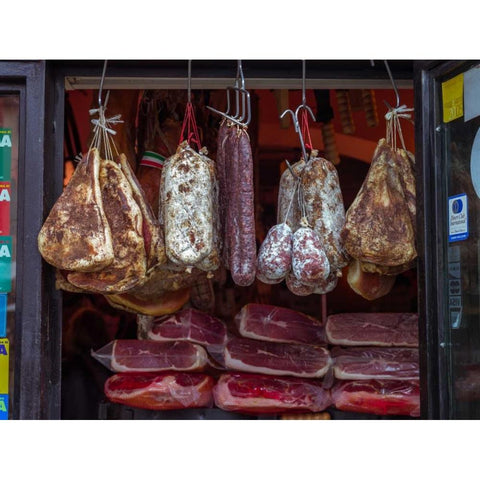 Various salami hanging in a window of an Italian Salami shop, Rome, Italy White Modern Wood Framed Art Print by Frank, Assaf