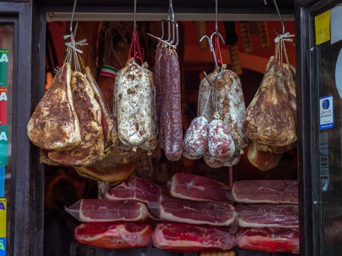 Various salami hanging in a window of an Italian Salami shop, Rome, Italy White Modern Wood Framed Art Print with Double Matting by Frank, Assaf