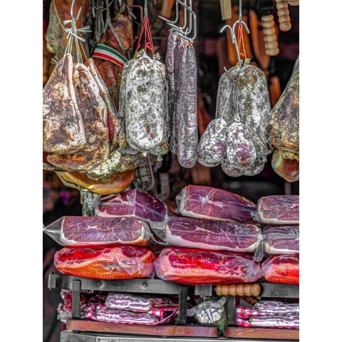 Various salami hanging in a window of an Italian Salami shop, Rome, Italy Black Modern Wood Framed Art Print with Double Matting by Frank, Assaf