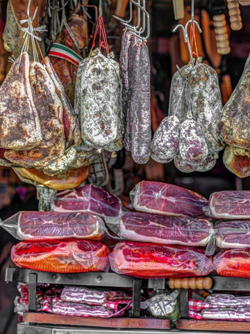 Various salami hanging in a window of an Italian Salami shop, Rome, Italy Black Ornate Wood Framed Art Print with Double Matting by Frank, Assaf