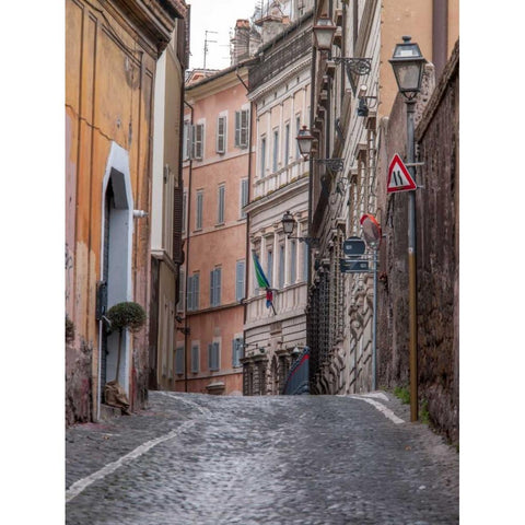 Narrow street through old buildings in Rome, Italy White Modern Wood Framed Art Print by Frank, Assaf