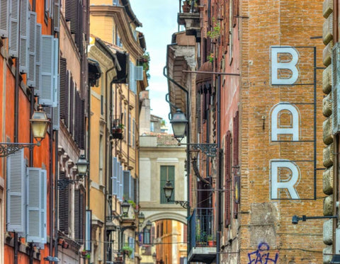 Narrow street through old buildings in Rome, Italy White Modern Wood Framed Art Print with Double Matting by Frank, Assaf