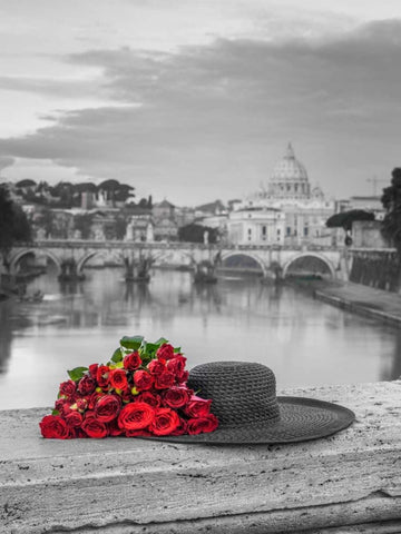 Hat and bunch of roses on bridge with Basilica di San Pietro in Vatican, Rome, Italy Black Ornate Wood Framed Art Print with Double Matting by Frank, Assaf