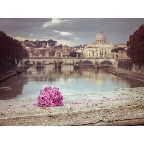 Bunch of roses on bridge with Basilica di San Pietro in Vatican, Rome, Italy White Modern Wood Framed Art Print by Frank, Assaf