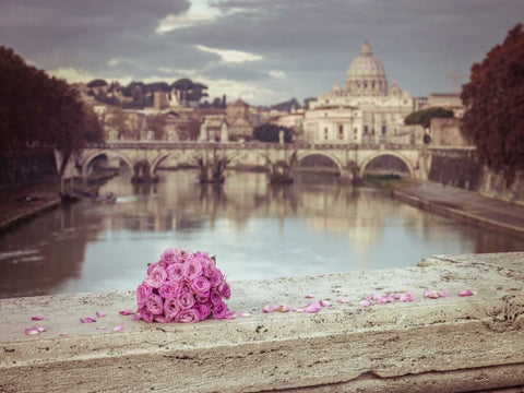 Bunch of roses on bridge with Basilica di San Pietro in Vatican, Rome, Italy White Modern Wood Framed Art Print with Double Matting by Frank, Assaf