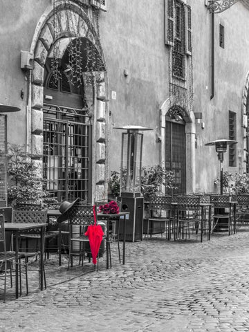 Red umbrella with female hat and bunch of roses on cafe table, Rome, Italy Black Ornate Wood Framed Art Print with Double Matting by Frank, Assaf