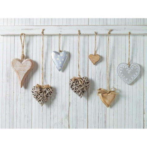 Hearts hanging on wooden background White Modern Wood Framed Art Print by Frank, Assaf