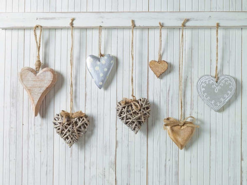 Hearts hanging on wooden background White Modern Wood Framed Art Print with Double Matting by Frank, Assaf