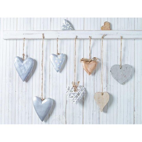 Hearts hanging on wooden background White Modern Wood Framed Art Print by Frank, Assaf
