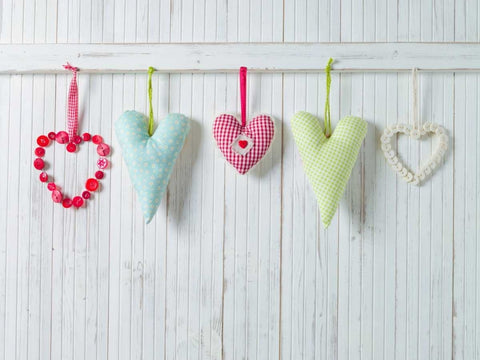 Hearts hanging on wooden background White Modern Wood Framed Art Print with Double Matting by Frank, Assaf