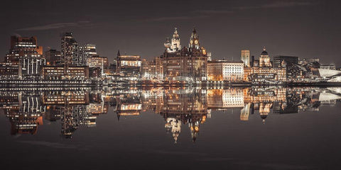 Liverpool skyline across the River Mersey, UK White Modern Wood Framed Art Print with Double Matting by Frank, Assaf