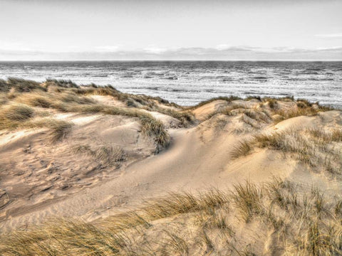 Tranquil beach with grass, Blackpool, UK White Modern Wood Framed Art Print with Double Matting by Frank, Assaf