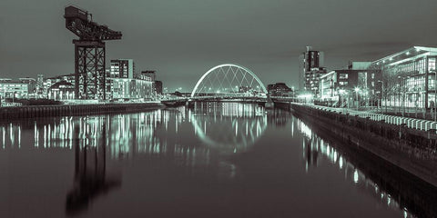 View along the river Clyde at night, Glasgow, FTBR-1901 White Modern Wood Framed Art Print with Double Matting by Frank, Assaf