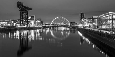 View along the river Clyde at night, Glasgow, FTBR-1807 Black Ornate Wood Framed Art Print with Double Matting by Frank, Assaf