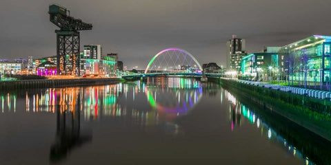 View along the river Clyde at night, Glasgow White Modern Wood Framed Art Print with Double Matting by Frank, Assaf