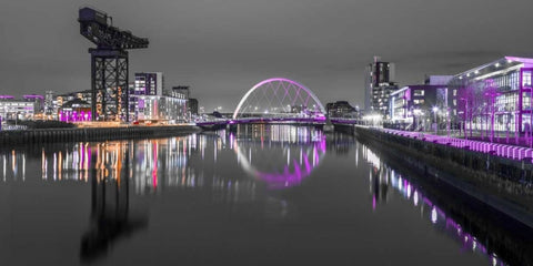 View along the river Clyde at night, Glasgow White Modern Wood Framed Art Print with Double Matting by Frank, Assaf