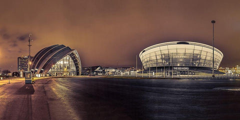 Evening view of Clyde Auditorium and SSE Hydro in Glasgow, FTBR-1904 Black Ornate Wood Framed Art Print with Double Matting by Frank, Assaf