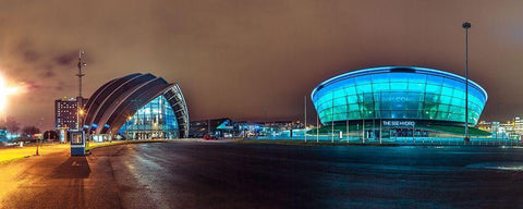 Evening view of Clyde Auditorium and SSE Hydro in Glasgow, FTBR-1903 White Modern Wood Framed Art Print with Double Matting by Frank, Assaf