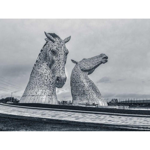 The kelpies horse statue at the Helix park in Falkirk , Scotland White Modern Wood Framed Art Print by Frank, Assaf