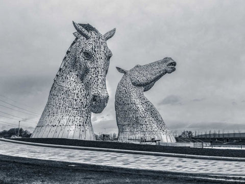 The kelpies horse statue at the Helix park in Falkirk , Scotland White Modern Wood Framed Art Print with Double Matting by Frank, Assaf