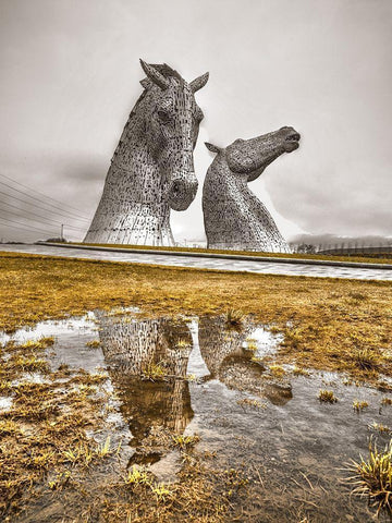The kelpies horse statue at the Helix park in Falkirk -Scotland White Modern Wood Framed Art Print with Double Matting by Frank, Assaf