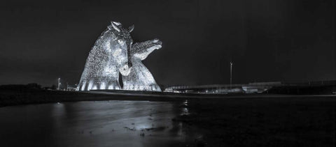 The kelpies horse statue at the Helix park in Falkirk , Scotland White Modern Wood Framed Art Print with Double Matting by Frank, Assaf