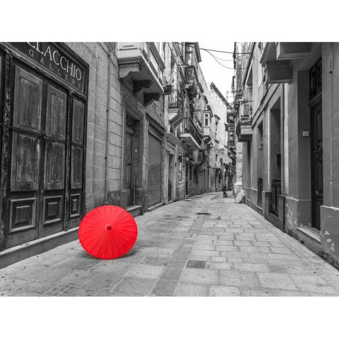 Red umbrella on narrow street of Birgu, malta Black Modern Wood Framed Art Print with Double Matting by Frank, Assaf
