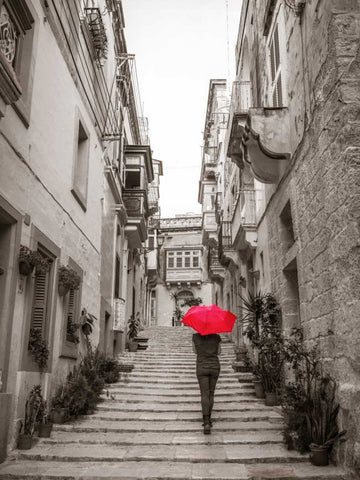 Tourist with umbrella in steps through houses in Birgu, Malta Black Ornate Wood Framed Art Print with Double Matting by Frank, Assaf