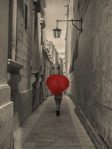 Tourist with heart shaped umbrella walking through narrow street of Mdina, Malta White Modern Wood Framed Art Print with Double Matting by Frank, Assaf