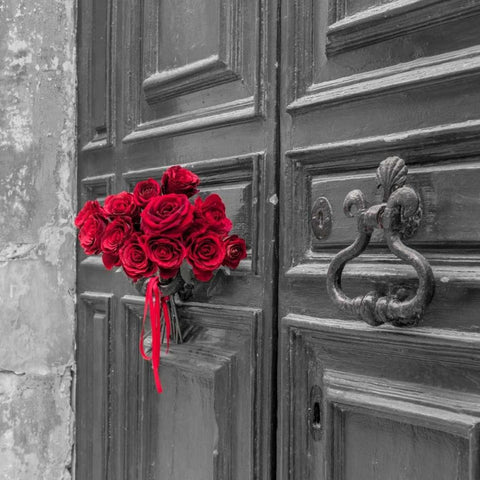 Bunch of roses on door of a building in Mdina, Malta Black Modern Wood Framed Art Print by Frank, Assaf