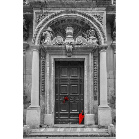 Bunch of roses with umbrella on door of a building in Mdina, Malta White Modern Wood Framed Art Print by Frank, Assaf