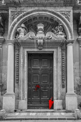 Bunch of roses with umbrella on door of a building in Mdina, Malta White Modern Wood Framed Art Print with Double Matting by Frank, Assaf