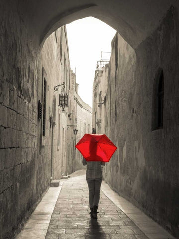 Tourist with umbrella walking through narrow street in Mdina, Malta White Modern Wood Framed Art Print with Double Matting by Frank, Assaf