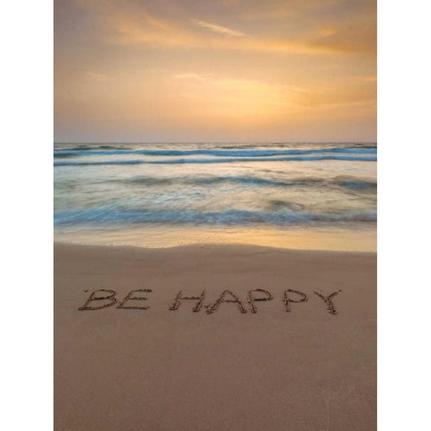 Sand writing - Word Be Happy written on beach Black Modern Wood Framed Art Print with Double Matting by Frank, Assaf
