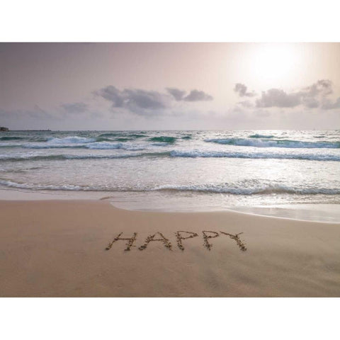 Sand writing - Word Happy written on beach Gold Ornate Wood Framed Art Print with Double Matting by Frank, Assaf