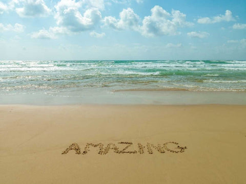 Word Amazing written in sand on the beach White Modern Wood Framed Art Print with Double Matting by Frank, Assaf
