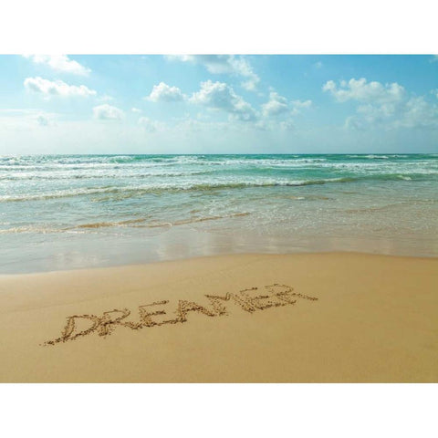 Word Dreamer written in sand on the beach White Modern Wood Framed Art Print by Frank, Assaf