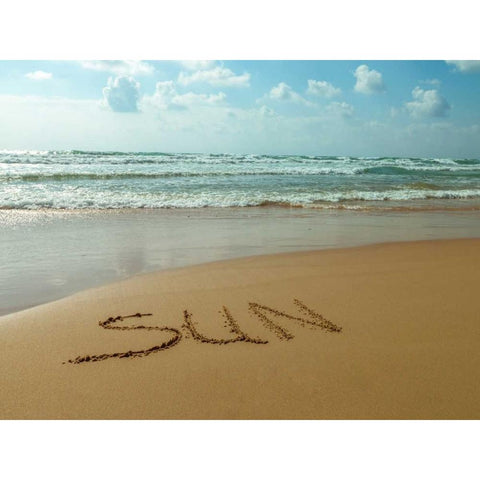 Word Sun written in sand on the beach Black Modern Wood Framed Art Print with Double Matting by Frank, Assaf