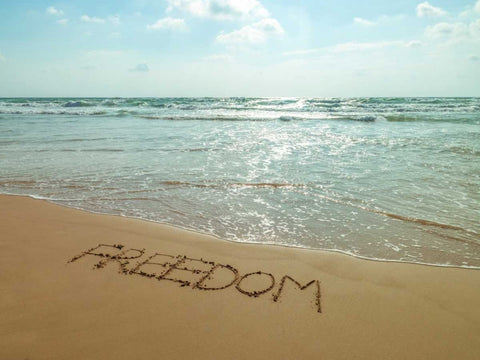Word Freedom written in sand on the beach White Modern Wood Framed Art Print with Double Matting by Frank, Assaf